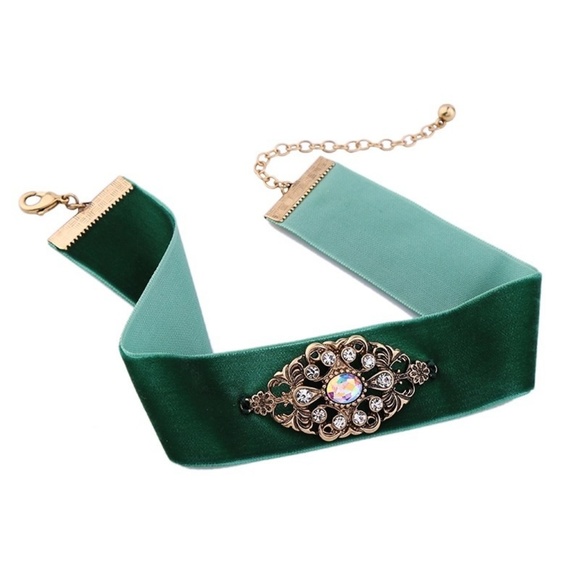 Retro Green Velvet Choker Necklace Statement Thick - Picture 5 of 6